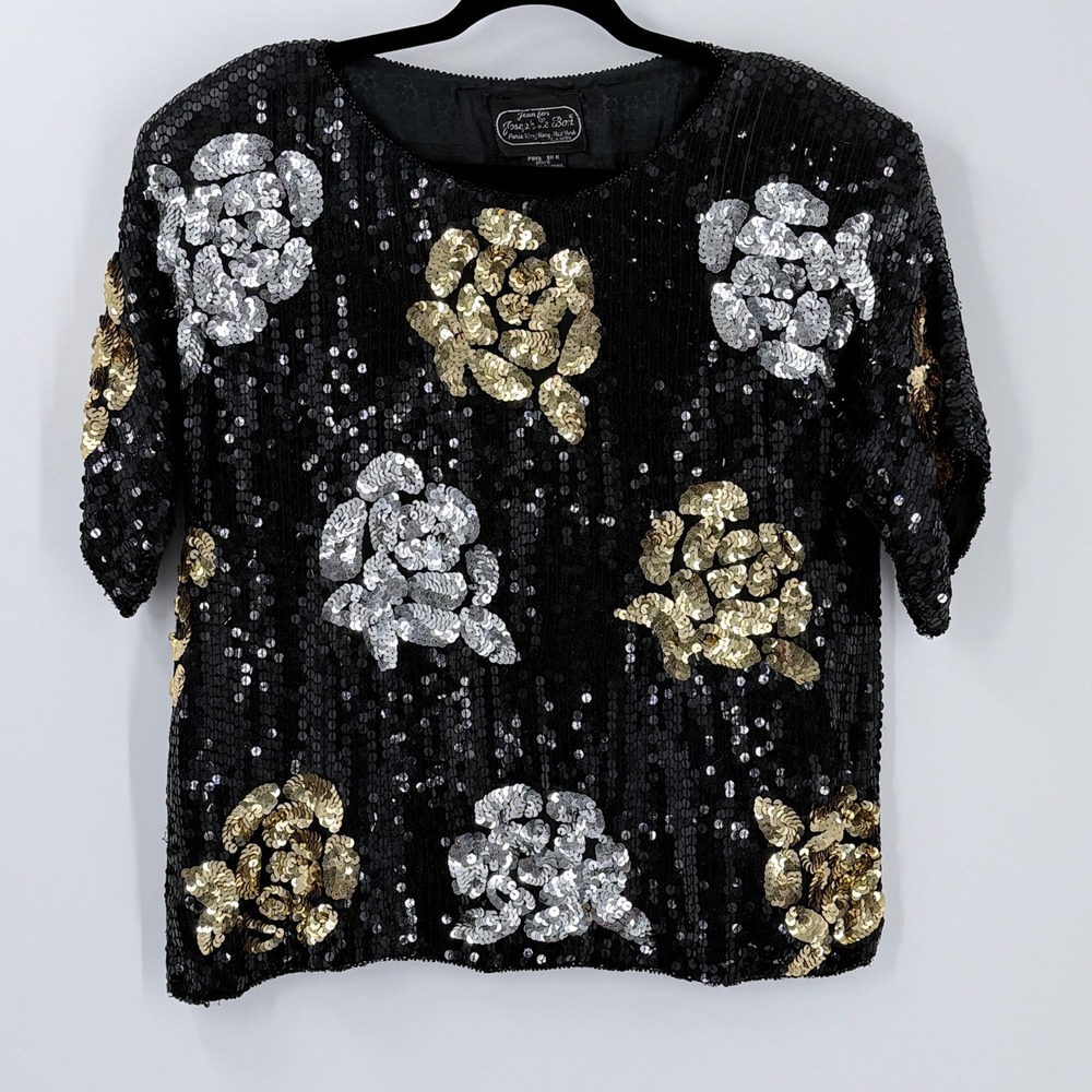 Vtg 80s Sequin beaded Silk Blouse Womens sz‎ M glam evening cocktail maximalist